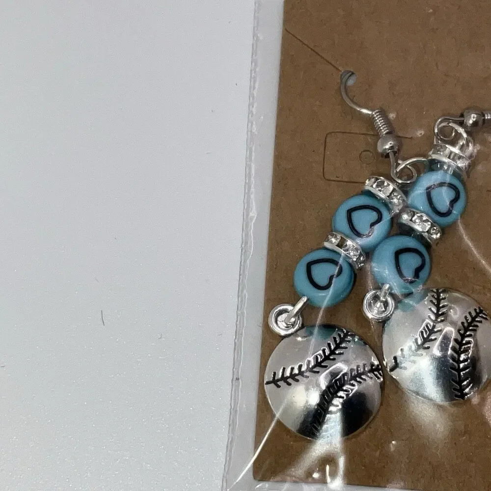 Baseball, Softball W/ BlueHearts Hook Earrings Shiny Finish Silver PlayBall New